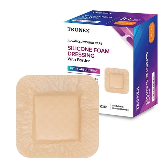 Tronex Silicone Foam Dressing, 2" x 2", Adhesive Border, Waterproof, Sterile, Wound Care, Pack of 10
