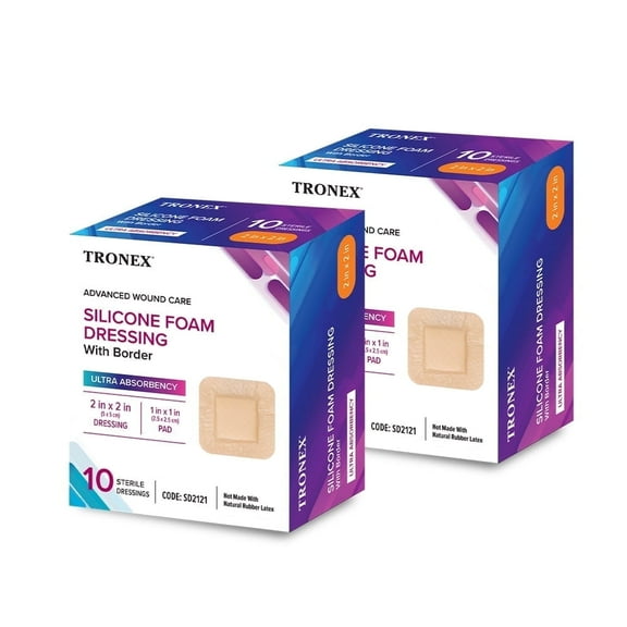 Tronex Silicone Foam Dressing, 2" x 2", Adhesive Border, Waterproof, Sterile, Absorbent, Pack of 20