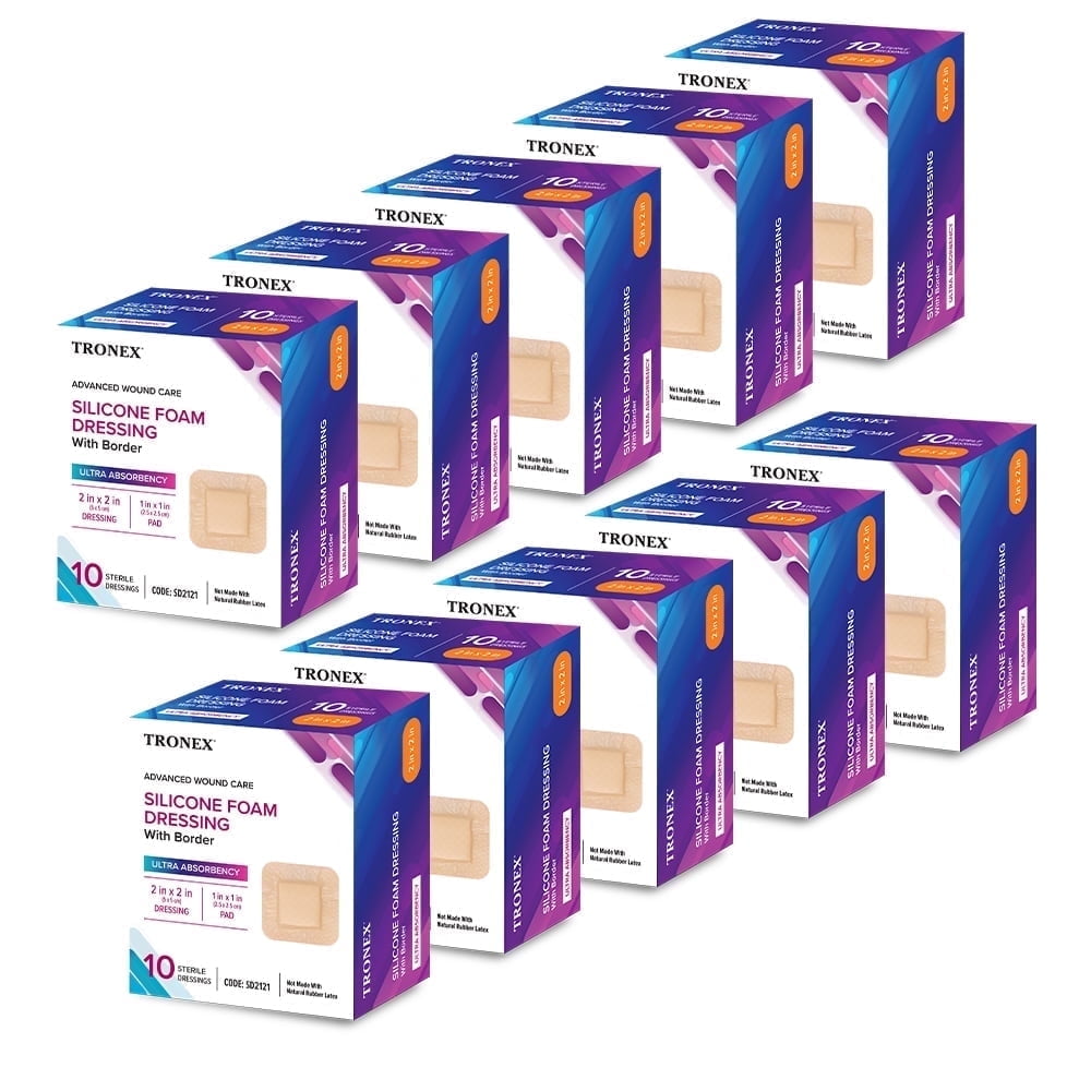TRONEX SD2121 Silicone Foam Dressing 2”x2”, Adhesive Border, Waterproof, Sterile, Ultra Absorbency, Breathable, Advanced Wound Care, Gentle Removal, Latex Free, Beige, Pack of 100