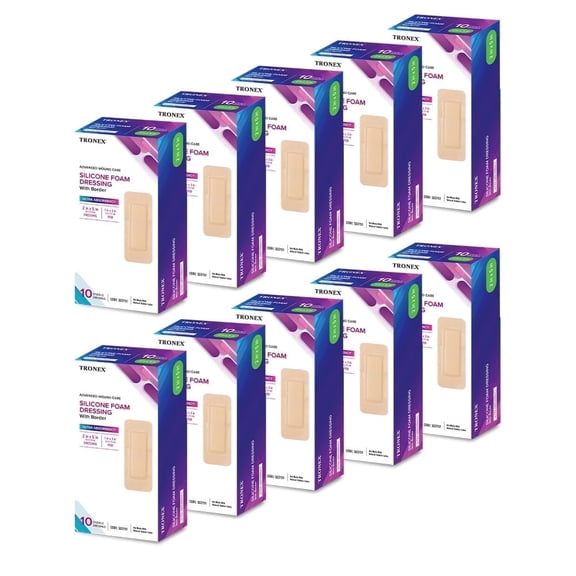 TRONEX SD2151 Silicone Foam Dressing 2x5, Adhesive Border, Waterproof, Sterile, Ultra Absorbency, Breathable, Advanced Wound Care, Gentle Removal, Latex Free, Beige, Pack of 100