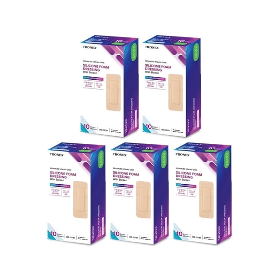 TRONEX SD2151 Silicone Foam Dressing 2x5, Adhesive Border, Waterproof, Sterile, Ultra Absorbency, Breathable, Advanced Wound Care, Gentle Removal, Latex Free, Beige, Pack of 50
