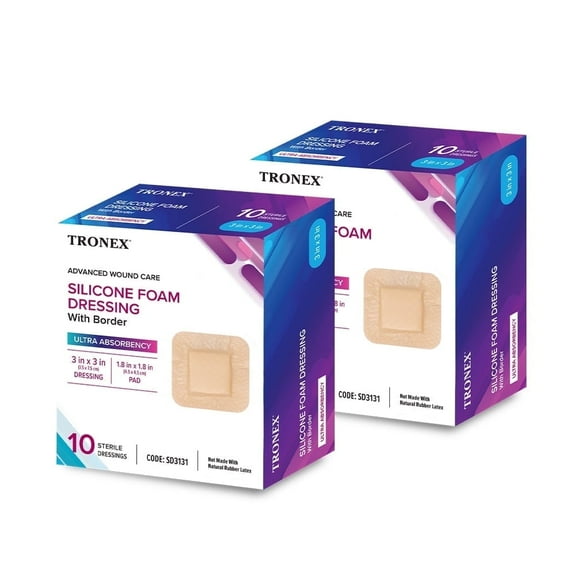 Tronex Silicone Foam Dressing, 3" x 3", Adhesive Border, Waterproof, Absorbent, Sterile, Latex-Free, Beige, Pack of 20
