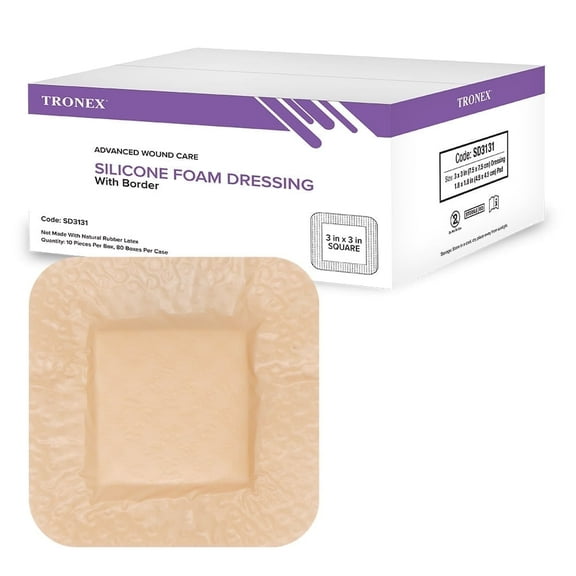 Tronex Silicone Foam Dressing, 3" x 3", Adhesive Border, Waterproof, Absorbent, Sterile, Latex-Free, Beige, Case of 800