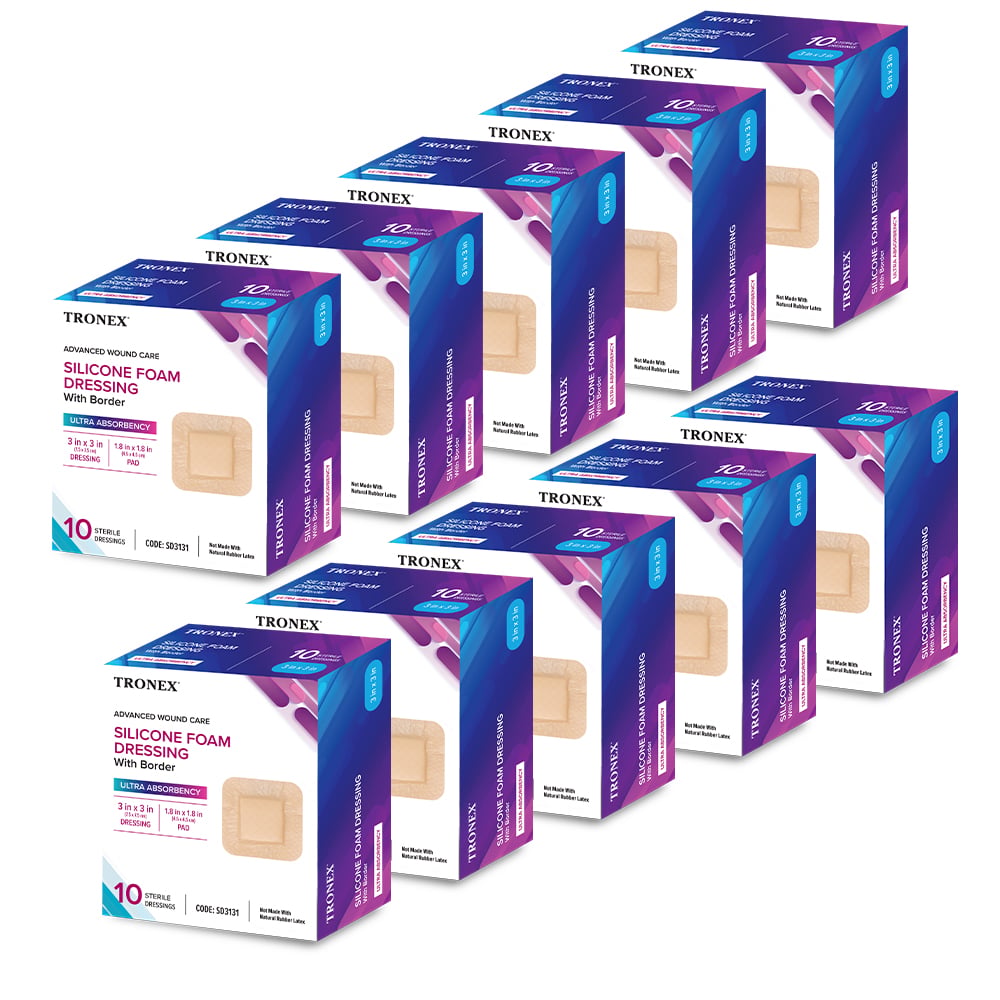 TRONEX SD3131 Silicone Foam Dressing 3x3, Adhesive Border, Waterproof, Sterile, Ultra Absorbency, Breathable, Advanced Wound Care, Gentle Removal, Latex Free, Beige, Pack of 100