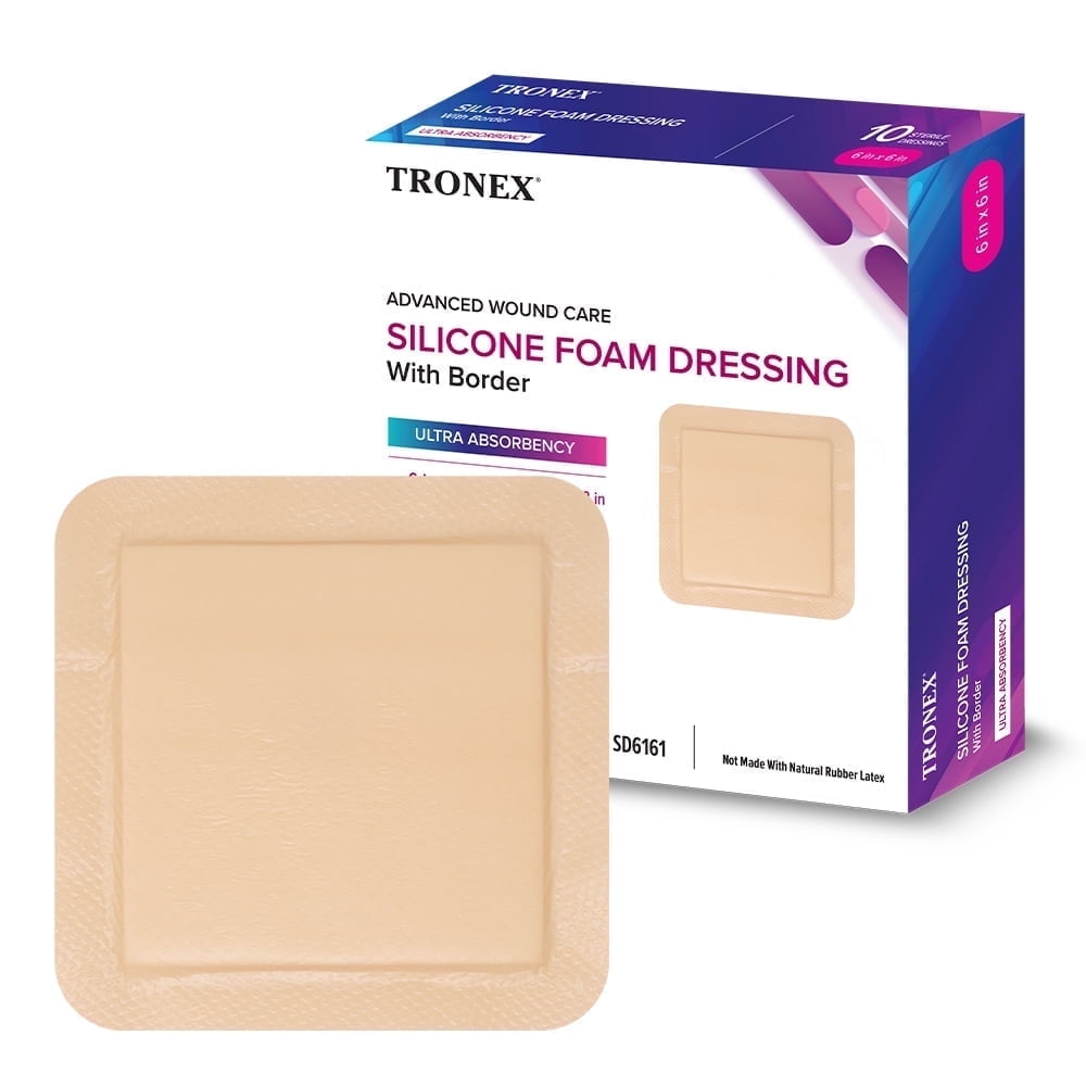 Tronex Silicone Foam Dressing, 6” x 6”, Adhesive Border, Waterproof, Ultra Absorbent, Latex-Free, Pack of 10