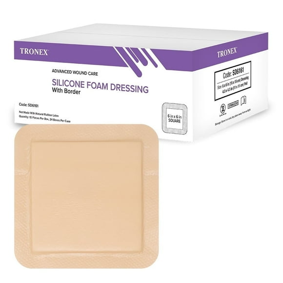 TRONEX SD6161 Silicone Foam Dressing 6”x6”, Adhesive Border, Waterproof, Sterile, Ultra Absorbency, Breathable, Advanced Wound Care, Gentle Removal, Latex Free, Beige, Case of 240