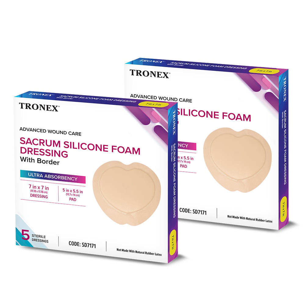 TRONEX SD7171 Sacrum Silicone Foam 7x7, Adhesive Border, Waterproof, Sterile, Ultra Absorbency, Breathable, Advanced Wound Care, Gentle Removal, Latex Free, Beige, Pack of 10