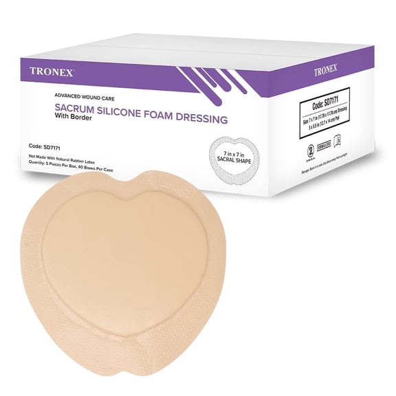 TRONEX SD7171 Sacrum Silicone Foam 7"x7", Adhesive Border, Waterproof, Sterile, Ultra Absorbency, Breathable, Advanced Wound Care, Gentle Removal, Latex Free, Beige, Case of 200