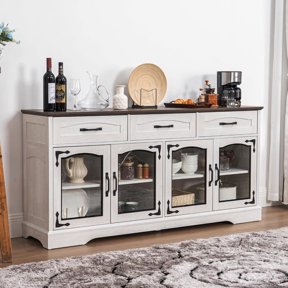 TRONLEE 66" Large Sideboard Buffet Cabinet with Storage, Mid Century Modern Buffet Coffee Bar Wine Bar Kitchen Storage Cabinet with Drawers and 4 Glass Doors for Living Room, White Walnut Grain