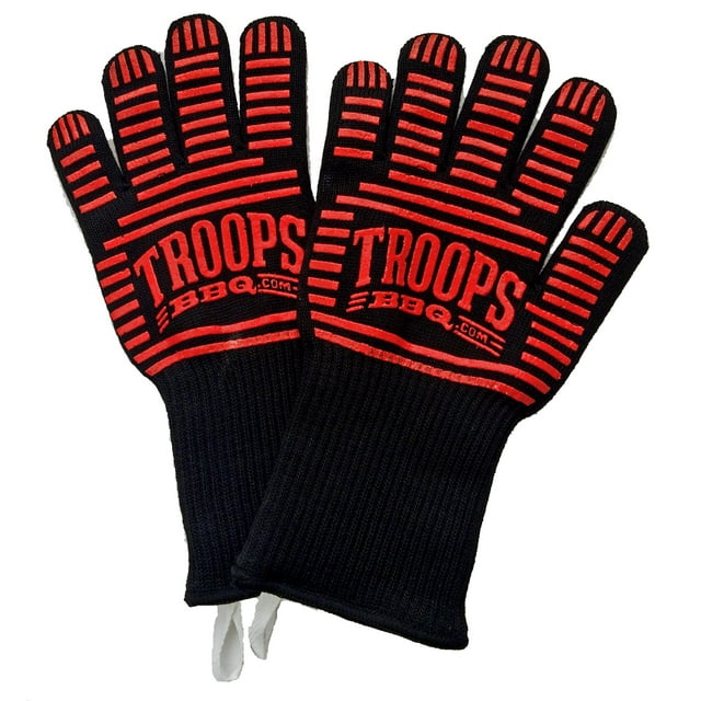 TROOPS BBQ 662°F Extreme Heat Resistant Grilling Gloves with Extra-Long Cuff for Barbecue & Oven (Pair) - Heat & Flame Resistant Kevlar & Silicone Insulated Protection to 662°F!