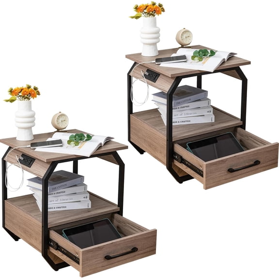 TROOPVILLE 2 Nightstand with Charging Station,Bedside Table Night Stand with Drawer for Bedroom, Closet, Entryway