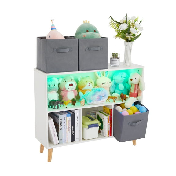 TROOPVILLE LED Kids Bookcase with Collapsible Fabric Drawers, Kids Bookshelf, Toy Storage Organizer in Playroom, Nursery or Children's Room (Grey)