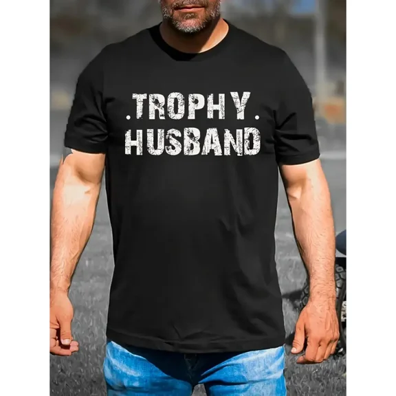 TROPHY HUSBAND Printed T-shirt Men'S Casual Round Neck Short Sleeved Fashionable Comfortable Cotton Versatile Daily Wear Half-Sleeved Vintage Tops
