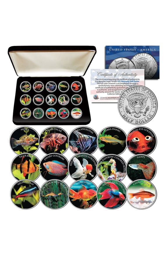 TROPICAL FISH Fresh Water Aquarium JFK Half Dollars 15-Coin FULL Set with Box