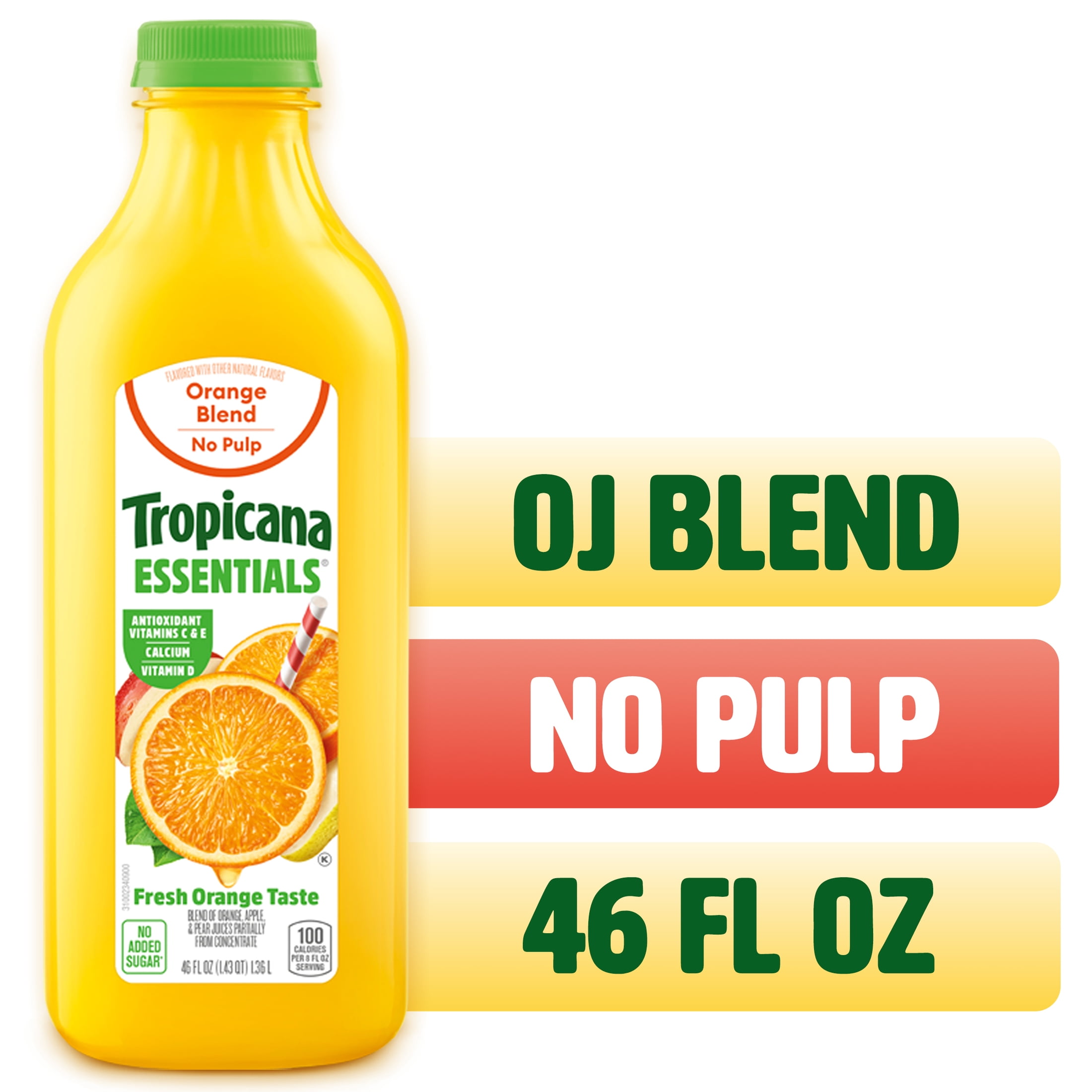 Tropicana Essentials Flavored Orange Juice Beverage Blend With Other Fruit, No Pulp, 46 fl oz Bottle