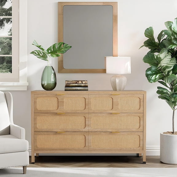 TROPOW 10 Drawer Dresser, Rattan Dresser for Bedroom with Metal Handles, Farmhouse Wood Storage Chest of Drawers for Bedroom, Living Room, Hallway, Entryway