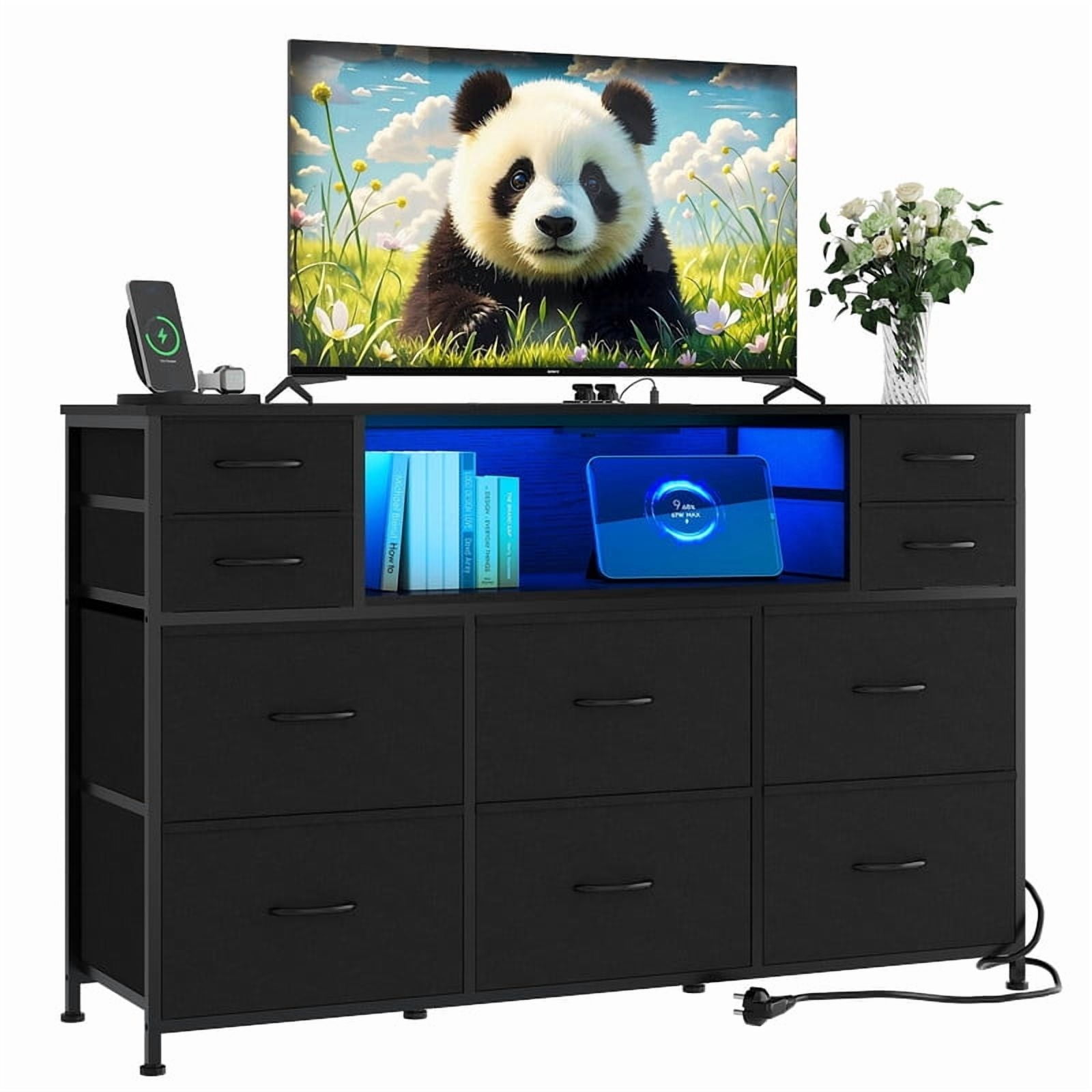 TROPOW 10 Fabric Drawers Dresser with LED Lights, Entertainment Center with Charging Station, Wood Top, Open Shelves, TV Stand for 40"-55" TV, Chest of Drawers for Bedroom Living Room Hallway