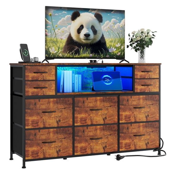 TROPOW 10 Fabric Drawers Dresser with LED Lights, Entertainment Center with Charging Station, Wood Top, Open Shelves, TV Stand for 40"-55" TV, Chest of Drawers for Bedroom Living Room Hallway
