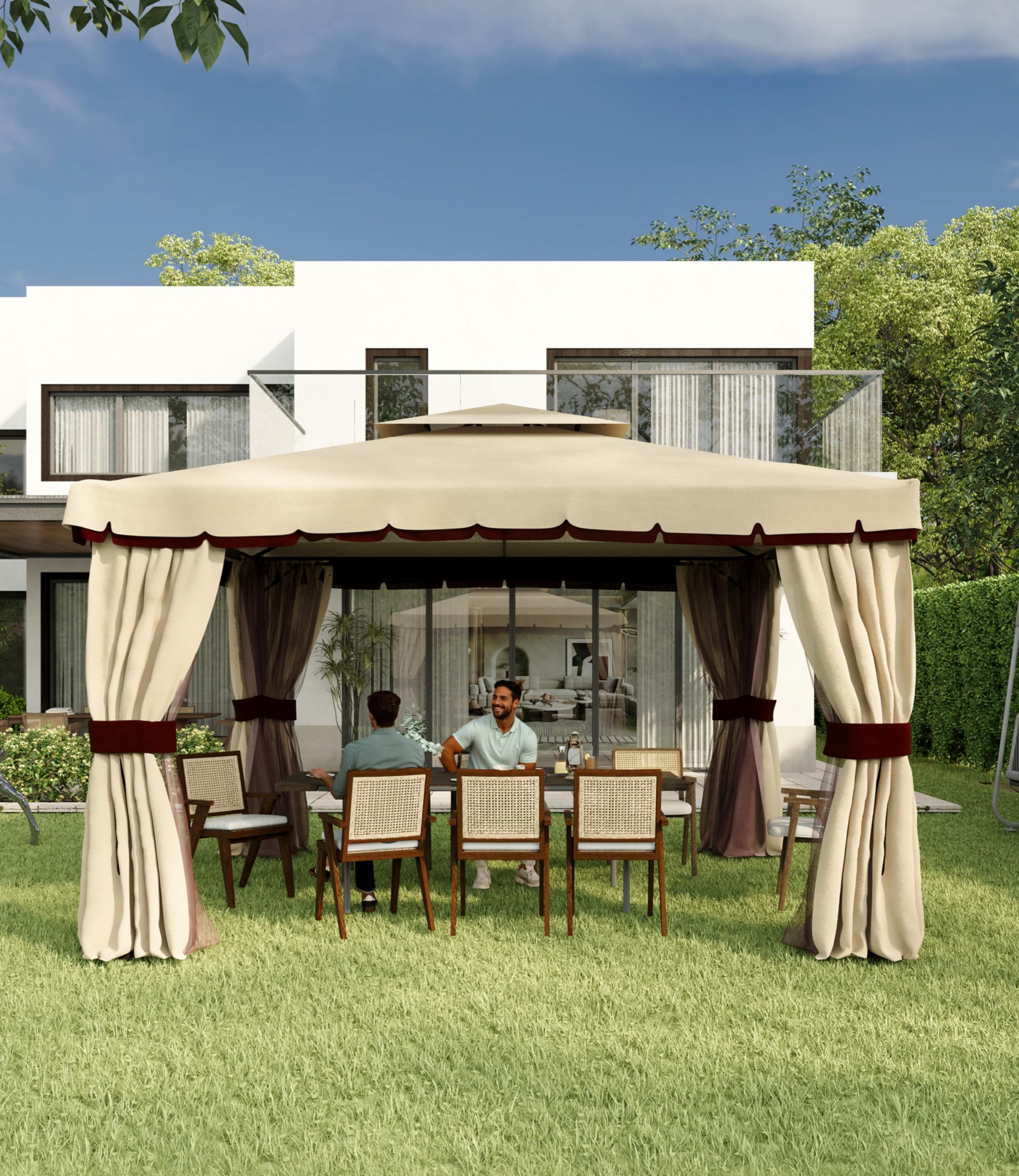Khaki 10x10FT Outdoor Gazebo with Double Roof and Curtains