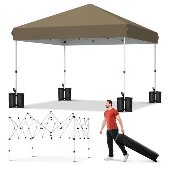 TROPOW 10x10 Pop Up Canopy - Outdoor Canopy Tent with Portable Roller Bag - One Button Push Setup, 3 Adjustable Height, 4 Weight Bags, 8 Stakes & 4 Guy Ropes Included, Khaki