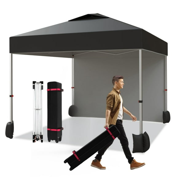 TROPOW 10x10ft Pop Up Canopy Tent with 1 Sidewall, Portable Instant Commercial Canopy Patio Tent with Vented Top Roller Bag 4 Sandbags 4 Ropes and 8 Tent Stakes, Black