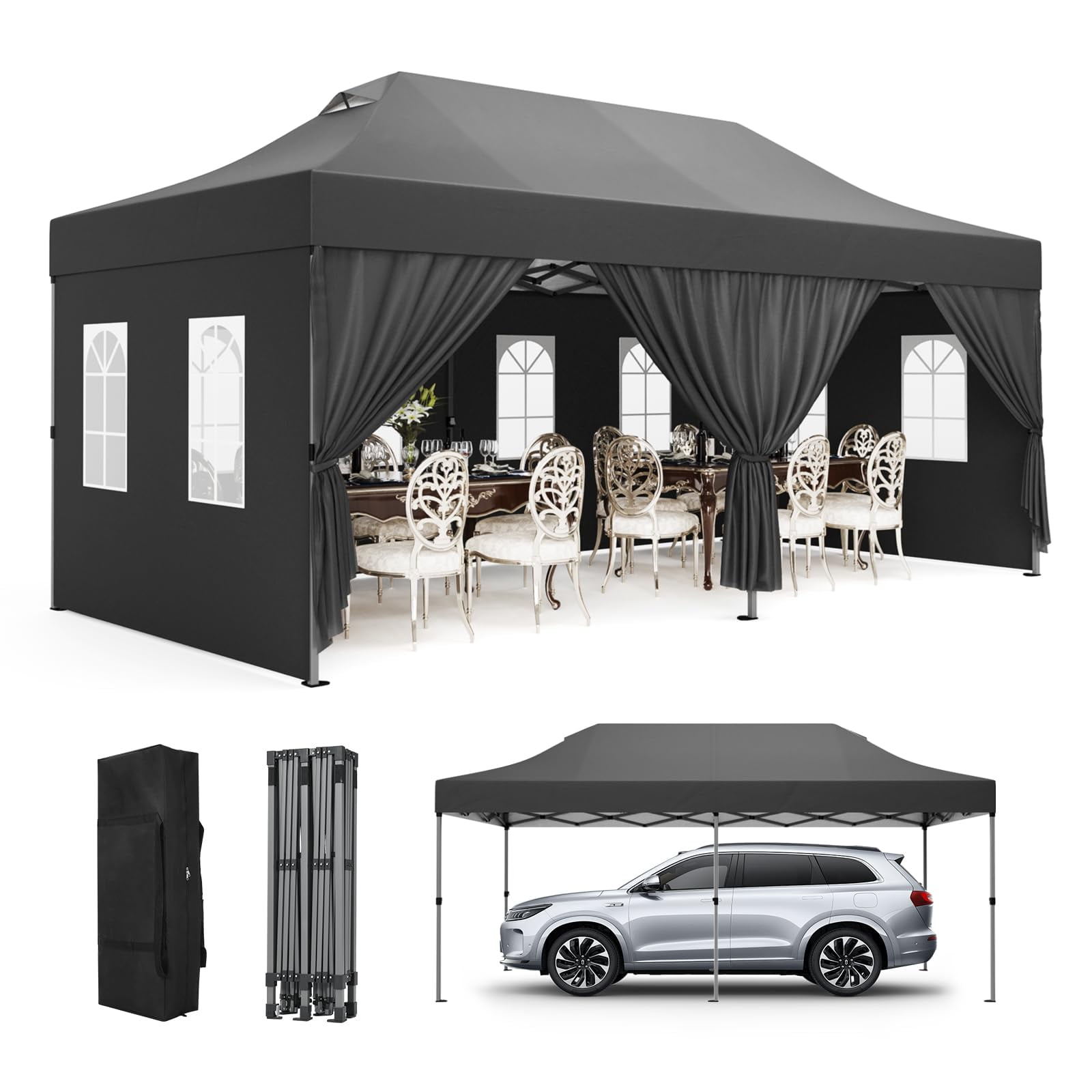 Black 10' x 20' Alloy Steel Outdoor Canopy Tent with Side Walls