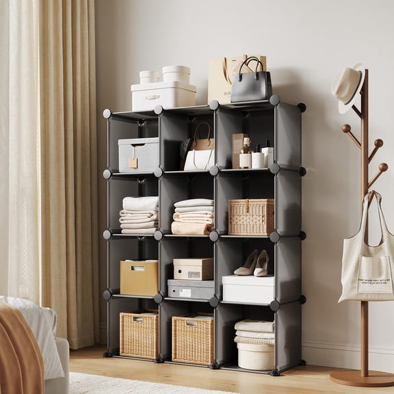 TROPOW 12 Cube Storage Organizer, Modular & Customizable Closet & Bookshelf Organizer with Anti-Tip Feet & Rubber Mallet, 12.6 Cubes, Stackable Plastic Shelves Unit