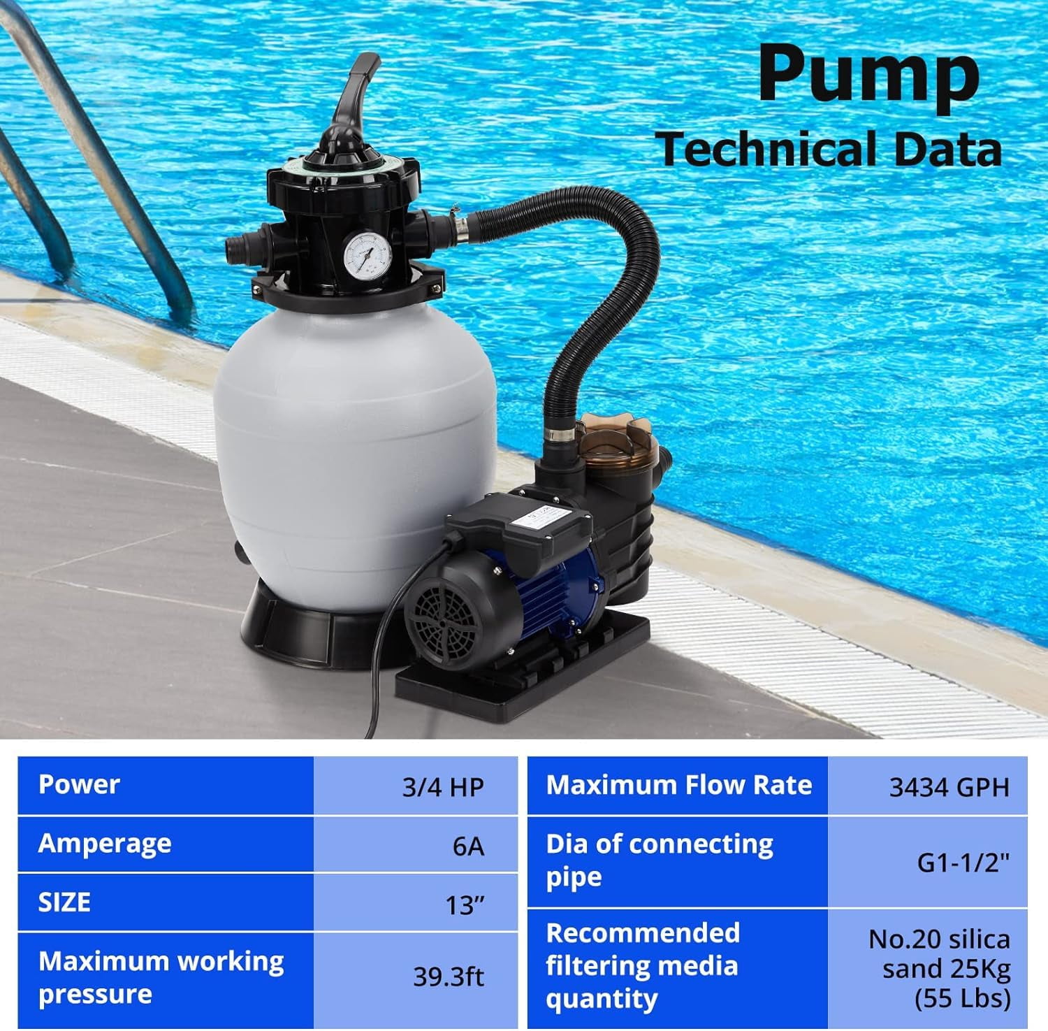 TROPOW 12-inch Above Ground Pool Sand Filter Pump with 6-Way Valve & High-Flow Performance
