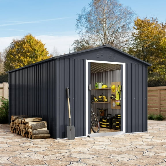 TROPOW 12 x 10 FT Metal Outdoor Storage Shed, All-Weather Resistant Storage House with Sloping Roof & Lockable Doors, Large Metal Utility and Tool Storage for Garden, Backyard, Patio, Outside,Gray