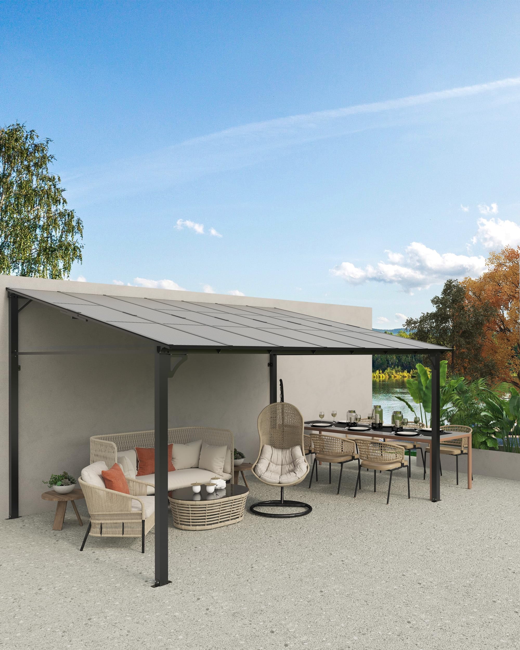 TROPOW 12' x 14' Lean to Gazebo, Hardtop Wall Pergola with Polycarbonate Roof, Aluminum Frame Mounted Gazebo for Lawn Patio Deck Yard and Party