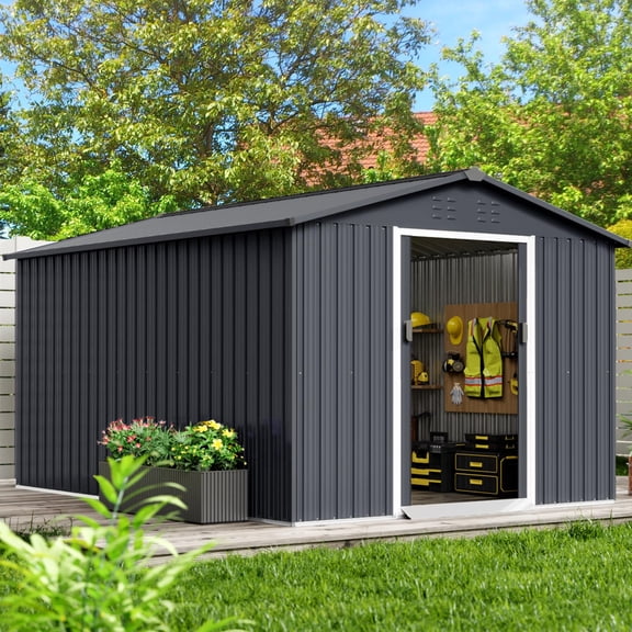 TROPOW 12 x 8 FT Metal Outdoor Storage Shed, All-Weather Resistant Storage House with Sloping Roof & Lockable Doors, Large Metal Utility and Tool Storage for Garden, Backyard, Patio, Outside,Gray