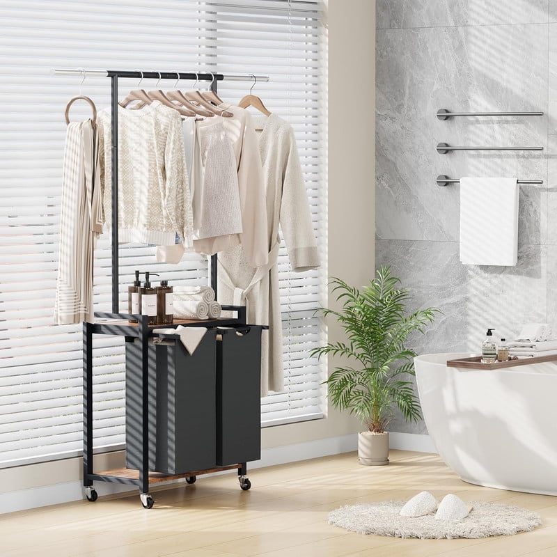 TROPOW 2 Section Laundry Sorter - Laundry Hamper with Wheels, Hanging Rack & Shelf, Rolling Clothes Storage Basket Organizer for Bedroom, Laundry Room