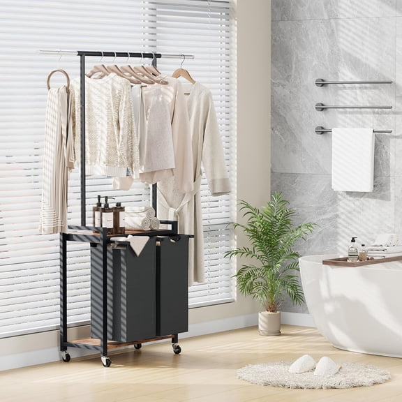 TROPOW 2 Section Laundry Sorter - Laundry Hamper with Wheels, Hanging Rack & Shelf, Rolling Clothes Storage Basket Organizer for Bedroom, Laundry Room