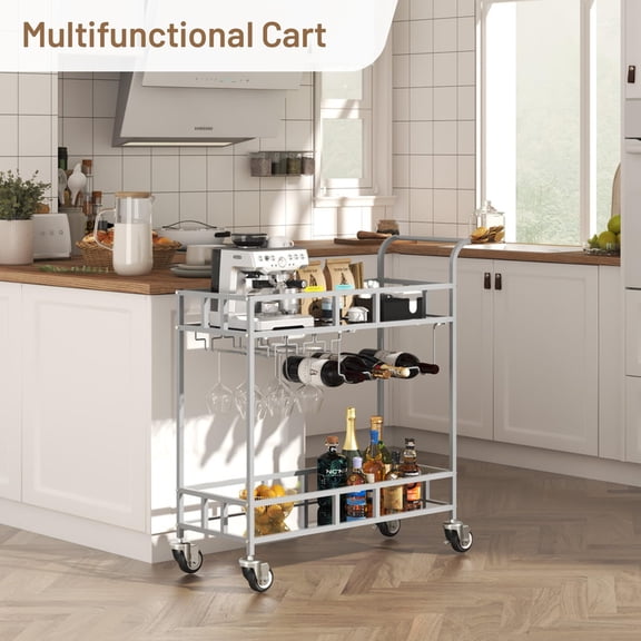 TROPOW 2-Tier Gold Bar Cart for Home, Beverage Cart with Wine Rack and Glass Holders, Rolling Serving Wine Cart for Kitchen, Dining Room