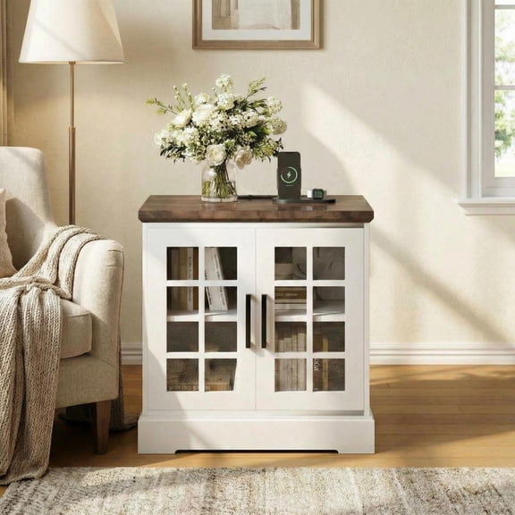 TROPOW 24" Farmhouse Nightstand with Charging Station - Rustic End Table with Adjustable Shelf, Nightstand Side Table Bedside Tables for Bedroom, Living Room, Office, White