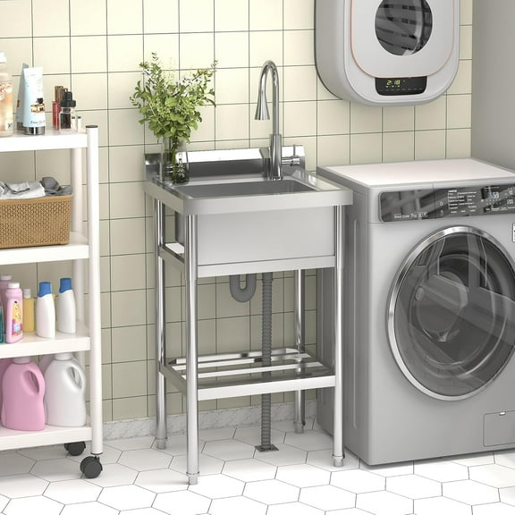 TROPOW 24x20x42 Inch Stainless Steel Utility Sink, Freestanding Single Bowl with Cold and Hot Water Pipe and Faucet, Commercial Sink Kitchen Sink for Restaurant Laundry Room Bathroom Garage Garden