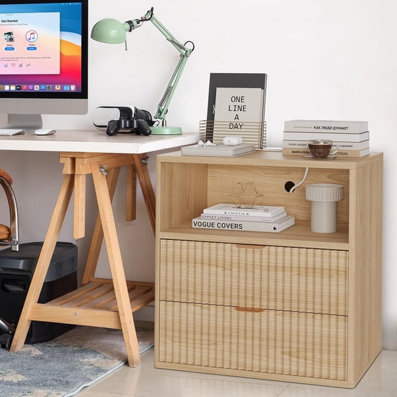 TROPOW 2PCS Fluted Farmhouse Night Stand with Charging Station, 23" Mid-Century Modern Nightstand, 2 Drawers End Table