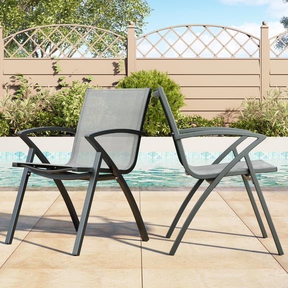 TROPOW 2PCS Modern Aluminum Outdoor Dining Chairs - Quick-Dry Textilene Fabric, Ergonomic Design for Patio, Poolside, Restaurants - All-Weather Rust-Resistant