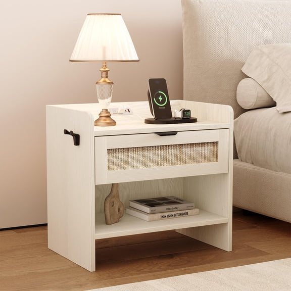 TROPOW 2PCS Rattan Nightstand, Bedside Table, Night Stand with Type-C Charging Station, 1 Storage Drawer and Open Storage Space, with Hook Included, Suitable for Bedroom, Office