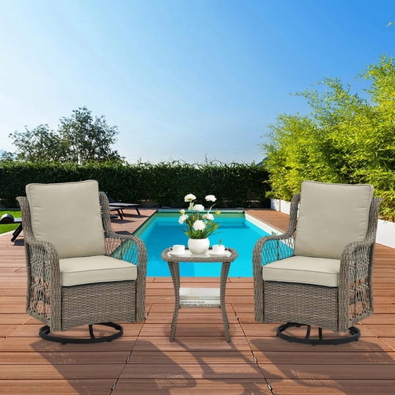 TROPOW 3-Piece Outdoor Wicker Bistro Set with 2 Swivel Rocker Chairs and Glass Side Table - Patio Conversation Furniture - 360° Swivel, Thick Cushions - for Patio, Porch, Backyard