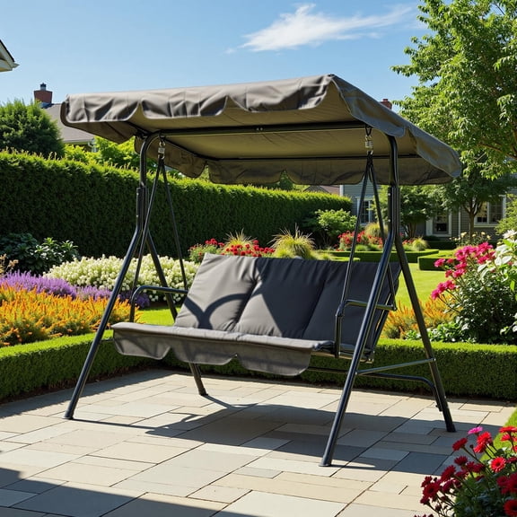 TROPOW 3-Seat Outdoor Porch Swing Chair with Adjustable Canopy & Thickened Cushions, Glider Bench with Non-Slip Feet & Strong Spring Hooks/UV Resistant/Waterproof/500 Lbs Capacity
