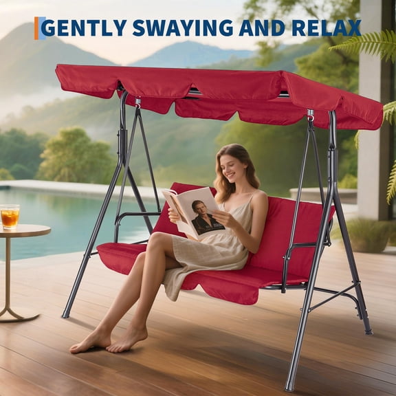 TROPOW 3-Seat Outdoor Porch Swing Chair with Adjustable Canopy & Thickened Cushions, Glider Bench with Non-Slip Feet & Strong Spring Hooks/UV Resistant/Waterproof/500 Lbs Capacity