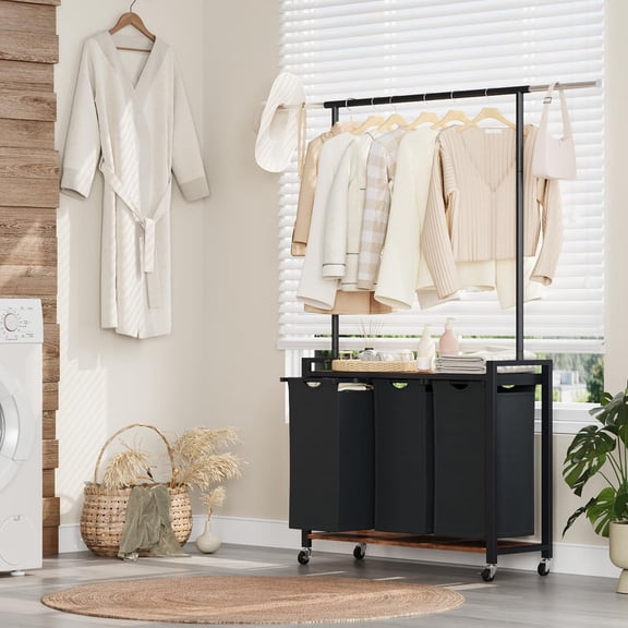 TROPOW 3 Section Laundry Sorter - Laundry Hamper with Wheels, Hanging Rack & Shelf, Rolling Clothes Storage Basket Organizer for Bedroom, Laundry Room