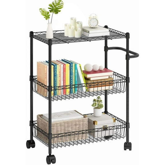 TROPOW 3 Tier Metal Rolling Cart, Kitchen Storage Cart, Utility Trolley with Handles & Wheels, Storage Trolley for Kitchen Bathroom Laundry Room Office, Black