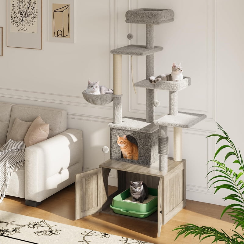 TROPOW 3-in-1 Modern Cat Tree Tower with Hidden Litter Box Enclosure – Integrated Cat Condo, Scratching Posts, Hammock, Perch Platforms – Cat Washroom Furniture