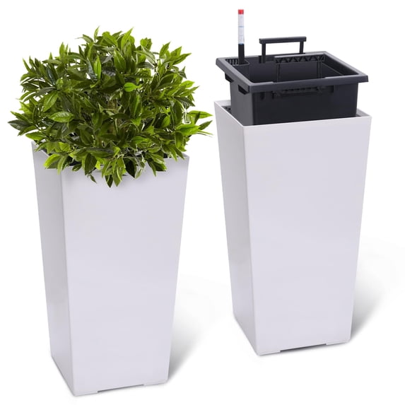 TROPOW 30" Tall Planters Set of 2, Outdoor&Indoor Black Planter Pots, High Front Porch Planter Pots with Drainage Holes&Water Level Monitor&Inner Bucket, Automatic Watering, White