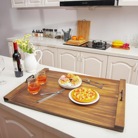 TROPOW 30 x 22 Inch Acacia Wood Noodle Board - Stove Top Cover with Handles, Electric & Gas Stove Compatible, Counter & RV Use, Decorative Tray