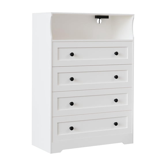 TROPOW 4 Drawer Wooden Dressers for Bedroom with LED Lights & Charging Station, Modern Nightstand for Bedside, Wood Chest of Drawers Storage Organizer for Closet, Living Room, Hallway