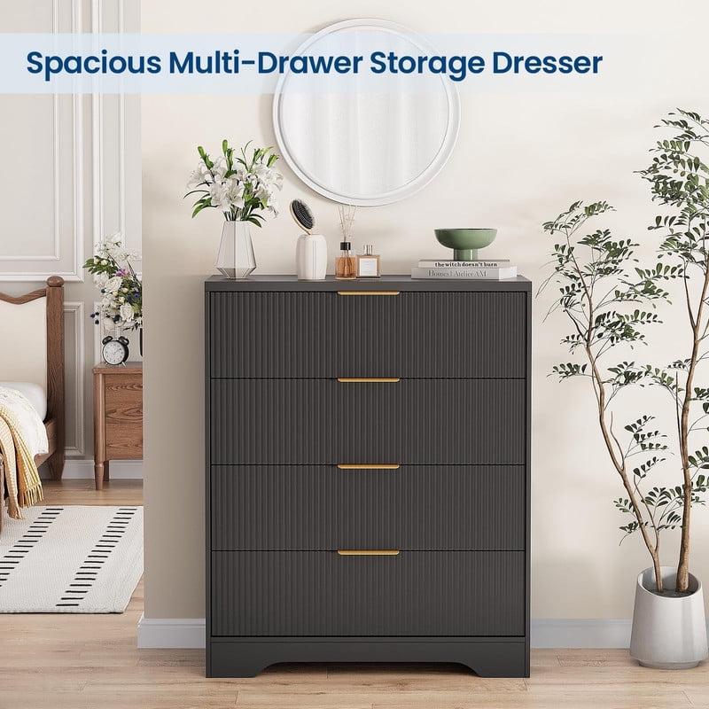 TROPOW 4 Drawers Dresser for Bedroom, Fluted Dresser Chest of Drawers with Handle, Wood Modern Dressers for Closet, Bedroom Furniture Storage Organizer for Living Room, Hallway