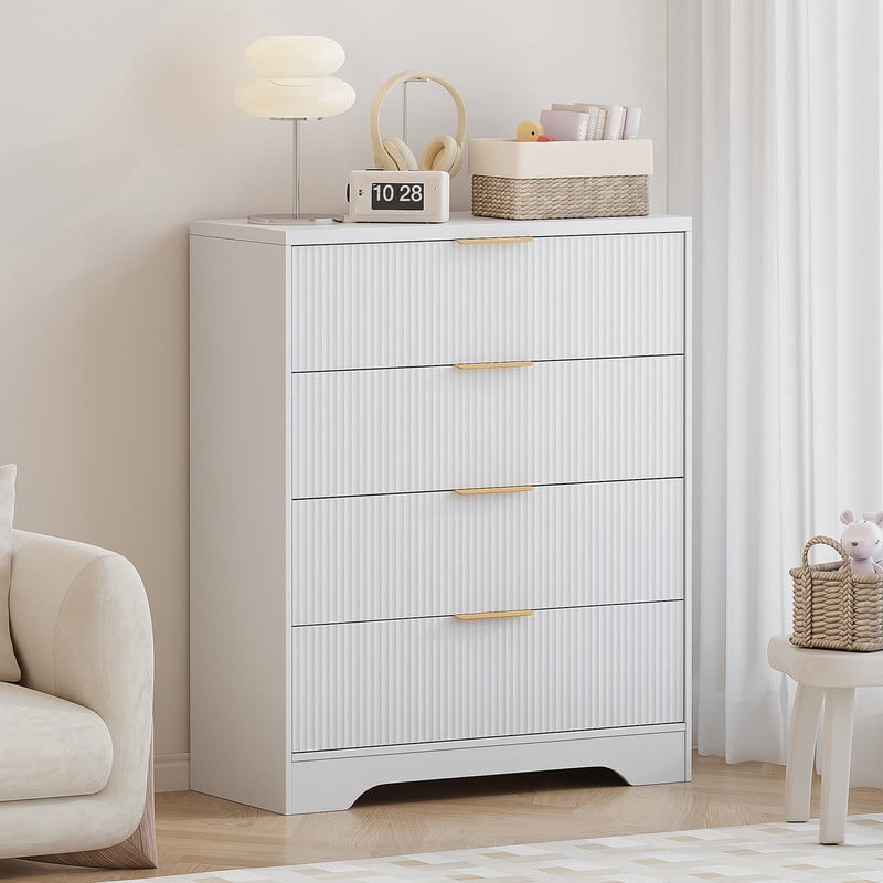 TROPOW 4 Drawers Dresser for Bedroom, Fluted Dresser Chest of Drawers with Handle, Wood Modern Dressers for Closet, Bedroom Furniture Storage Organizer for Living Room, Hallway